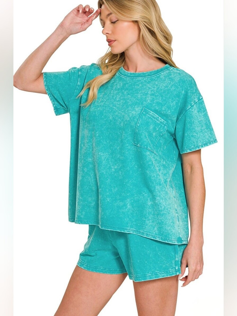 Zenana 100% Cotton 2 Piece Shorts Boxy Tee Mineral Wash Teal Set Lounge M